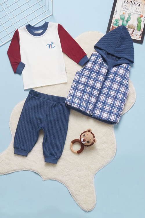 Erkek Bebek Kare Desenli Yelekli 3lü Eşofman Takımı 14580