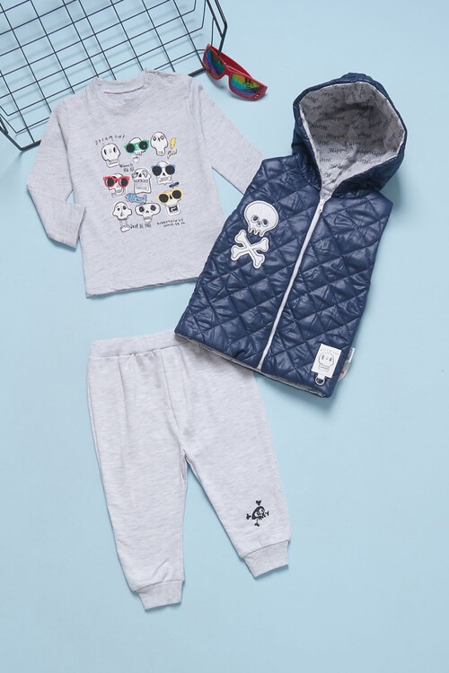 Erkek Bebek Kuru Kafa Baskılı Yelekli 3lü Eşofman Takımı 14578