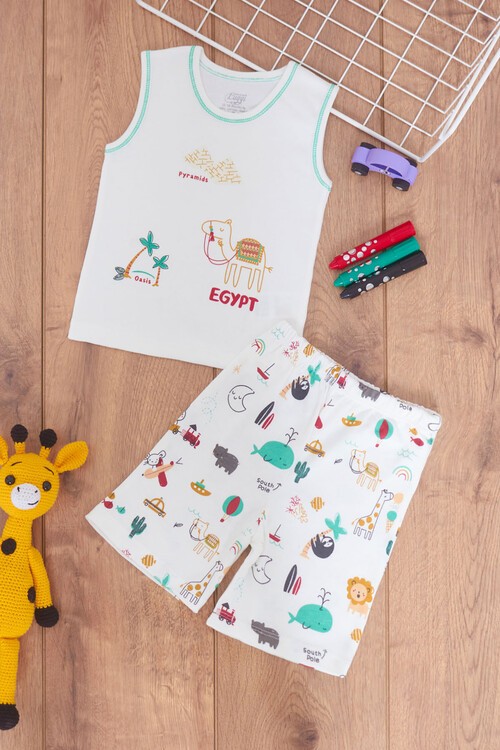 Erkek Bebek Piramit Baskılı Sıfır Kollu Takım 14553