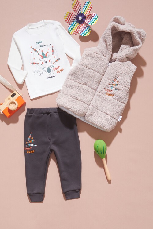 Erkek Bebek Pofuduk Yelekli Ayıcıklı 3lü Eşofman Takımı 14586