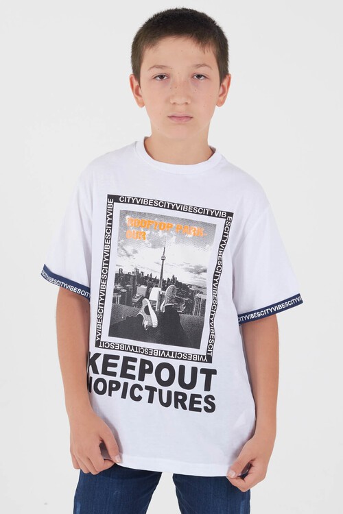 Erkek Çocuk Beyaz Resim Baskı 8-13 Yaş T-Shirt 6304