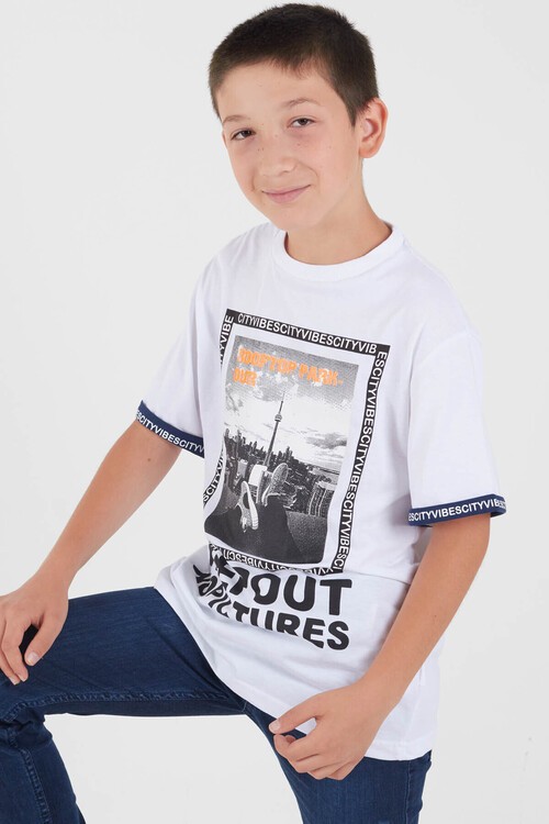 Erkek Çocuk Beyaz Resim Baskı 8-13 Yaş T-Shirt 6304