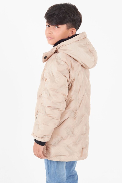 Erkek Çocuk Mont Çapraz Baskılı Kapüşonlu Şişme Mont 14539