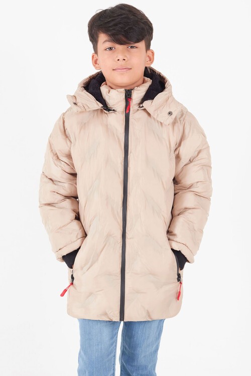 Erkek Çocuk Mont Çapraz Baskılı Kapüşonlu Şişme Mont 14539