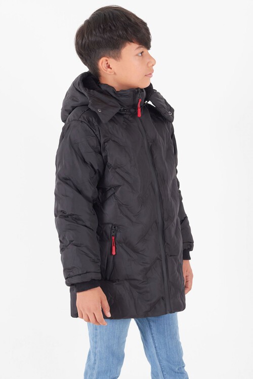 Erkek Çocuk Mont Çapraz Baskılı Kapüşonlu Şişme Mont 14539