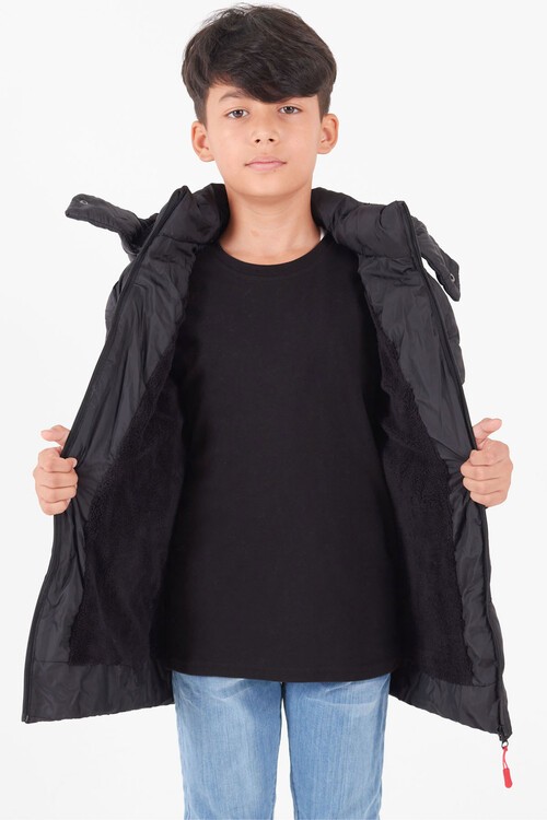 Erkek Çocuk Mont Çapraz Baskılı Kapüşonlu Şişme Mont 14539