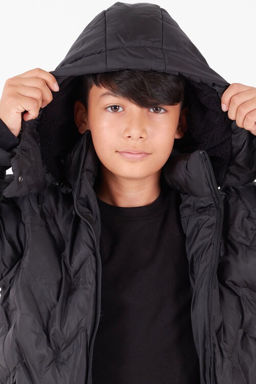 Erkek Çocuk Mont Çapraz Baskılı Kapüşonlu Şişme Mont 14539