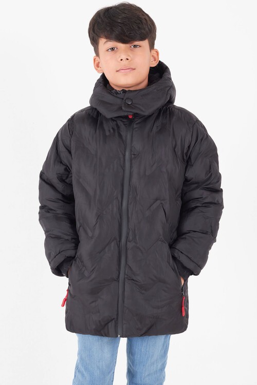 Erkek Çocuk Mont Çapraz Baskılı Kapüşonlu Şişme Mont 14539