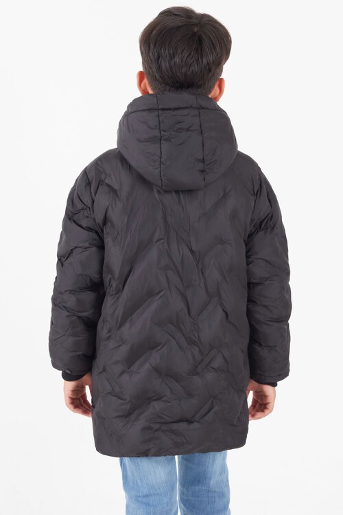 Erkek Çocuk Mont Çapraz Baskılı Kapüşonlu Şişme Mont 14539