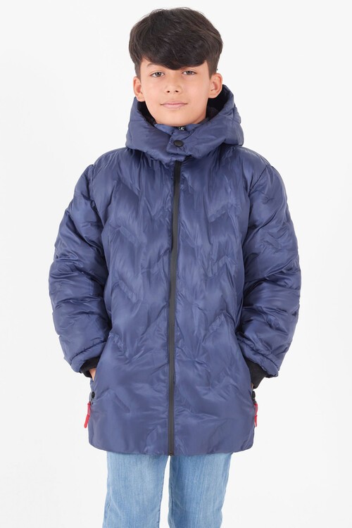 Erkek Çocuk Mont Çapraz Baskılı Kapüşonlu Şişme Mont 14539