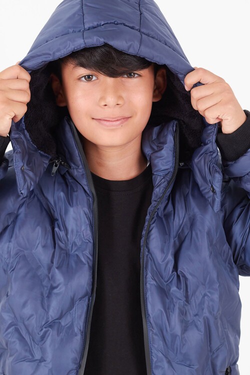 Erkek Çocuk Mont Çapraz Baskılı Kapüşonlu Şişme Mont 14539