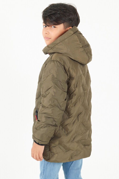 Erkek Çocuk Mont Çapraz Baskılı Kapüşonlu Şişme Mont 14539