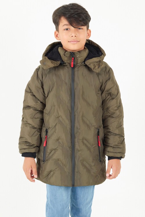 Erkek Çocuk Mont Çapraz Baskılı Kapüşonlu Şişme Mont 14539