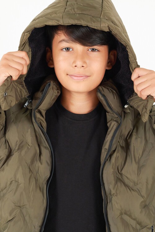 Erkek Çocuk Mont Çapraz Baskılı Kapüşonlu Şişme Mont 14539