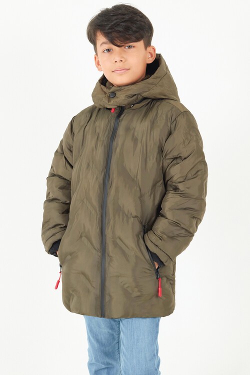 Erkek Çocuk Mont Çapraz Baskılı Kapüşonlu Şişme Mont 14539