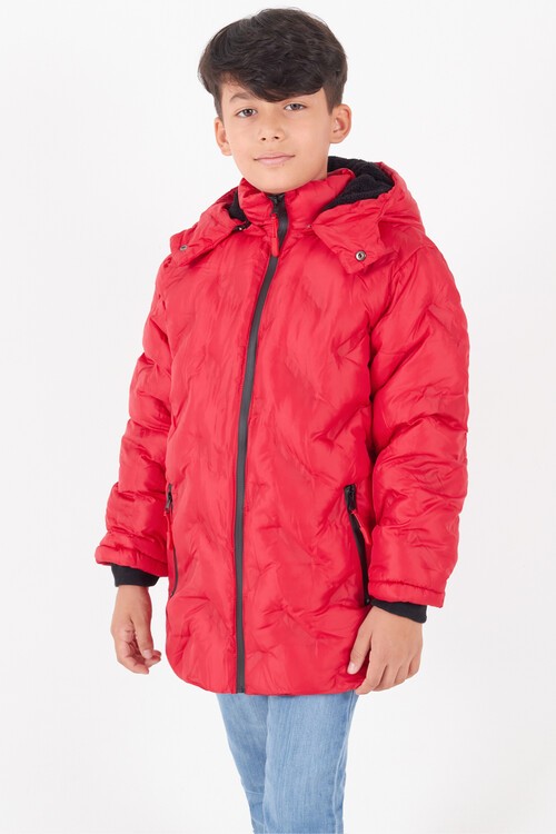 Erkek Çocuk Mont Çapraz Baskılı Kapüşonlu Şişme Mont 14539