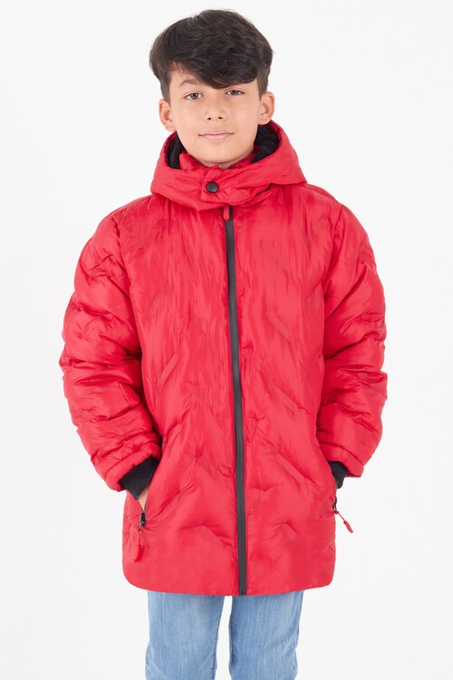 Erkek Çocuk Mont Çapraz Baskılı Kapüşonlu Şişme Mont 14539