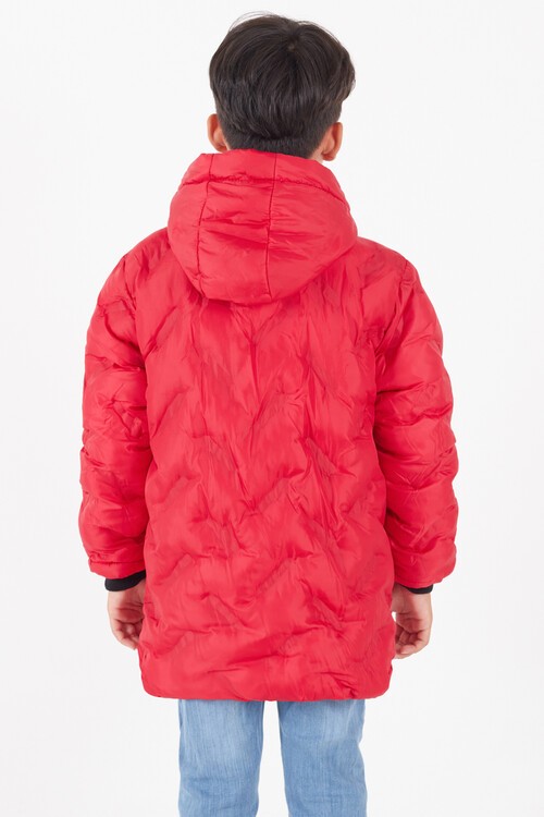 Erkek Çocuk Mont Çapraz Baskılı Kapüşonlu Şişme Mont 14539