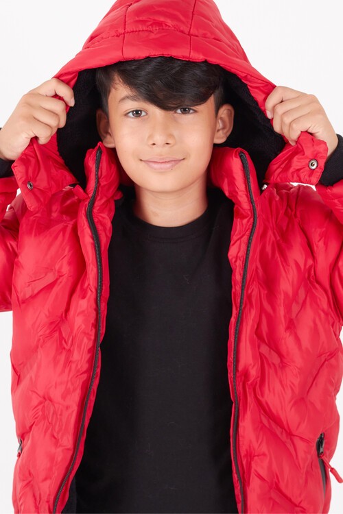 Erkek Çocuk Mont Çapraz Baskılı Kapüşonlu Şişme Mont 14539