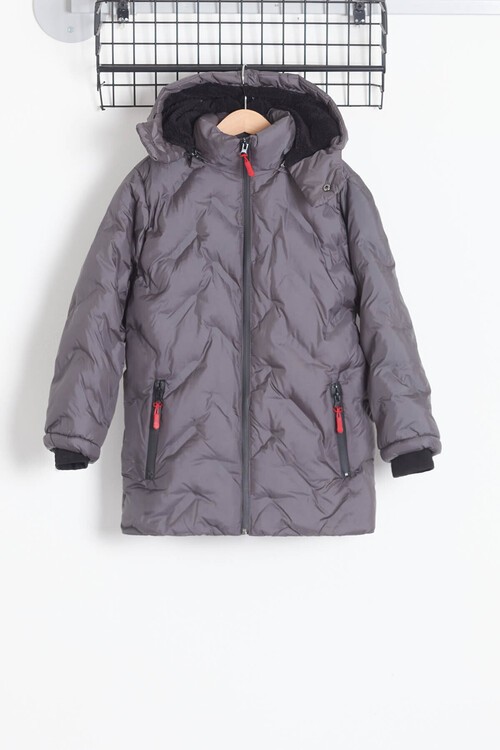 Erkek Çocuk Mont Çapraz Baskılı Kapüşonlu Şişme Mont 14539