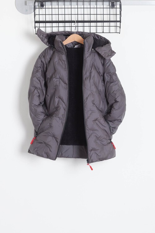 Erkek Çocuk Mont Çapraz Baskılı Kapüşonlu Şişme Mont 14539