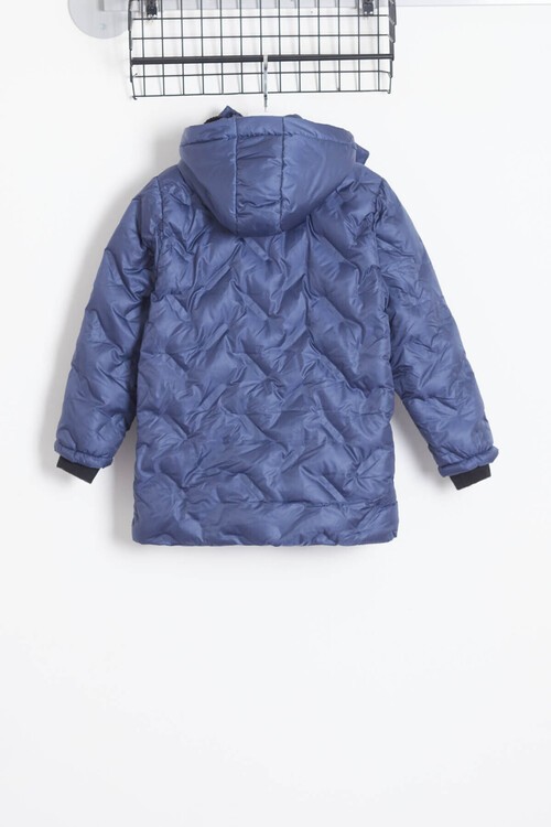 Erkek Çocuk Mont Çapraz Baskılı Kapüşonlu Şişme Mont 14539