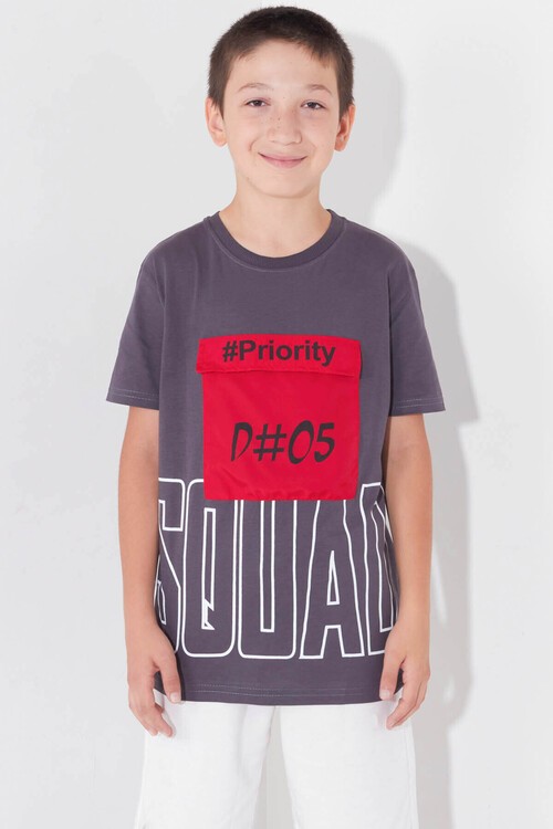 Erkek Çocuk Cepli Priority Baskılı Tshirt 8-13 Yaş 14016