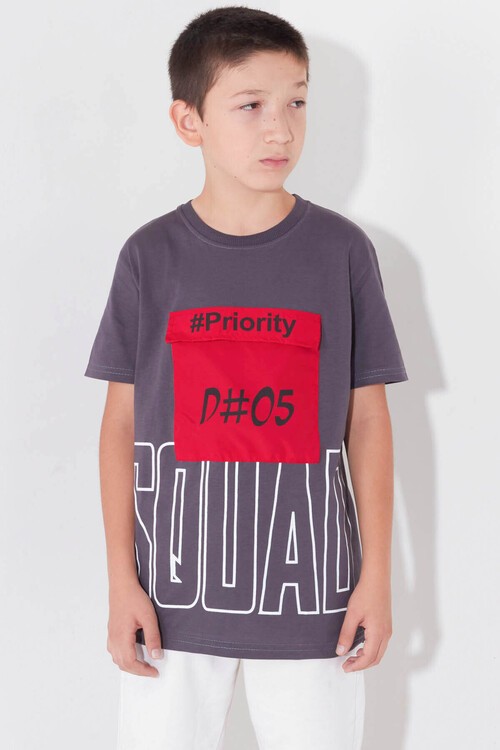 Erkek Çocuk Cepli Priority Baskılı Tshirt 8-13 Yaş 14016