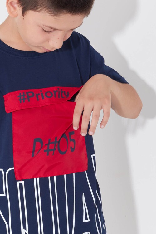 Erkek Çocuk Cepli Priority Baskılı Tshirt 8-13 Yaş 14016