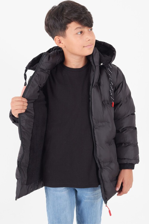 Erkek Çocuk Mont Düz Baskılı Kapşonlu Şişme Mont 14540