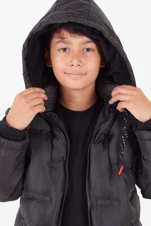 Erkek Çocuk Mont Düz Baskılı Kapşonlu Şişme Mont 14540