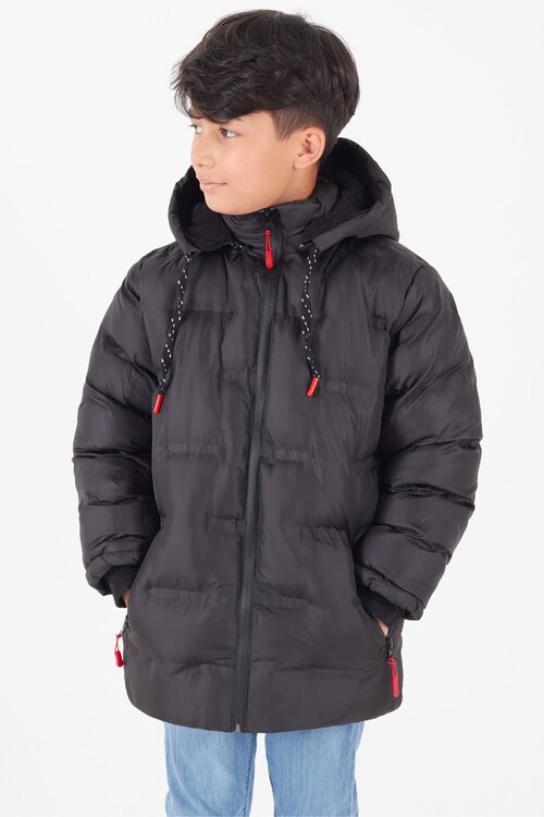 Erkek Çocuk Mont Düz Baskılı Kapşonlu Şişme Mont 14540