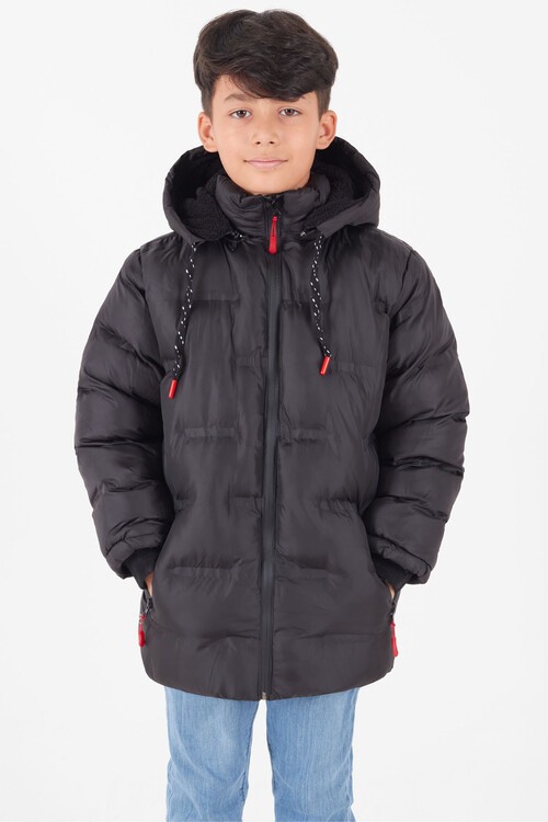 Erkek Çocuk Mont Düz Baskılı Kapşonlu Şişme Mont 14540
