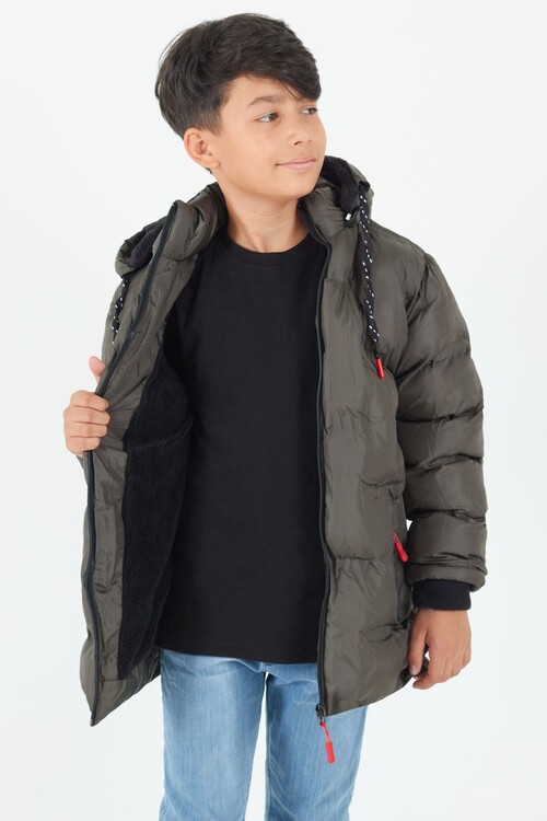 Erkek Çocuk Mont Düz Baskılı Kapşonlu Şişme Mont 14540