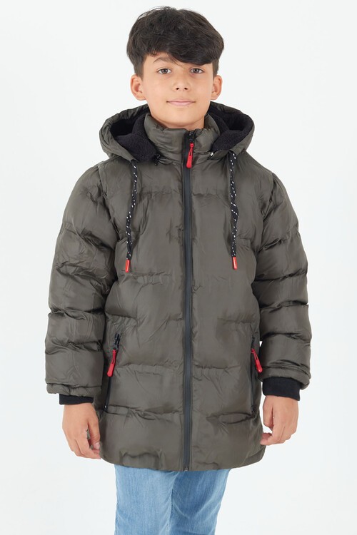 Erkek Çocuk Mont Düz Baskılı Kapşonlu Şişme Mont 14540
