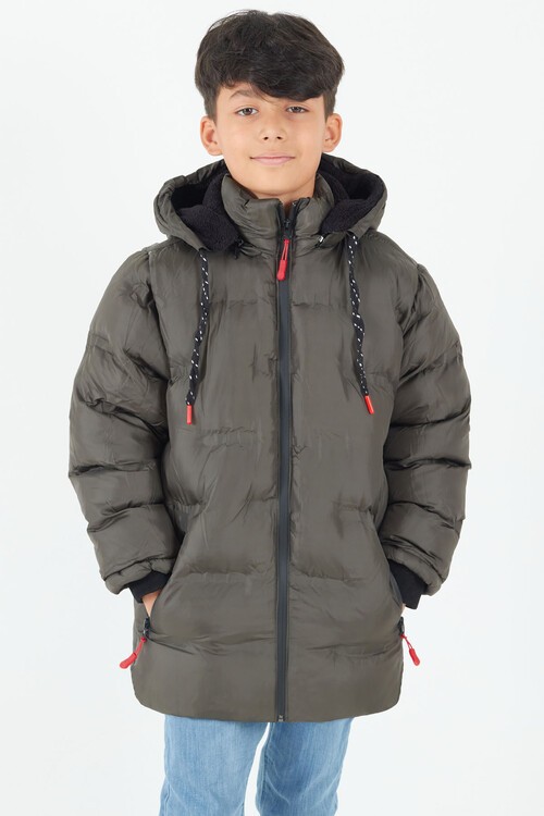 Erkek Çocuk Mont Düz Baskılı Kapşonlu Şişme Mont 14540