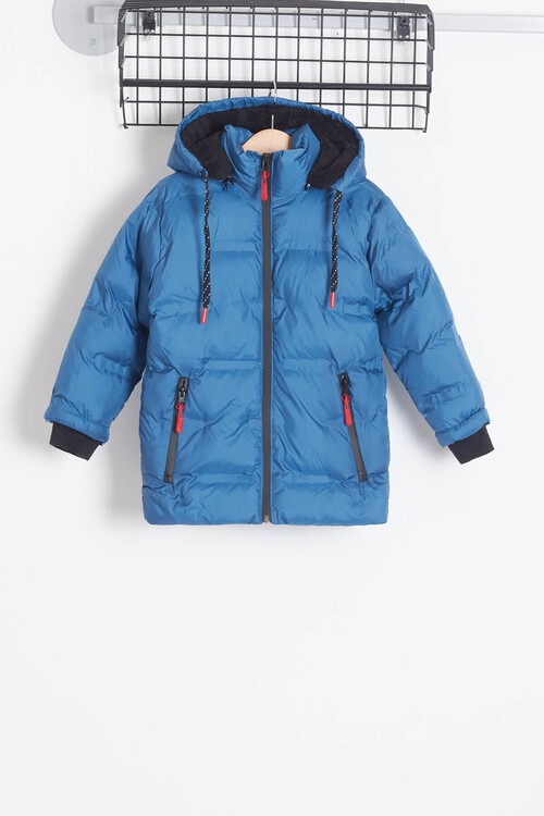 Erkek Çocuk Mont Düz Baskılı Kapşonlu Şişme Mont 14540