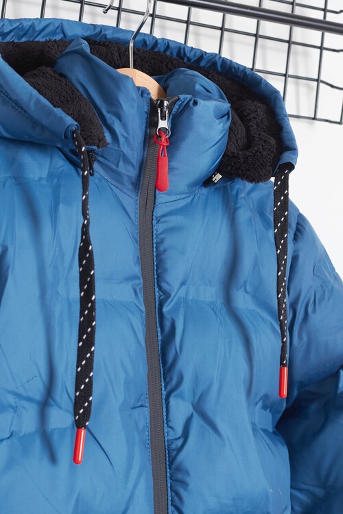 Erkek Çocuk Mont Düz Baskılı Kapşonlu Şişme Mont 14540