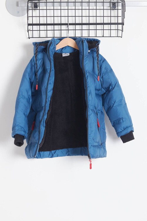 Erkek Çocuk Mont Düz Baskılı Kapşonlu Şişme Mont 14540