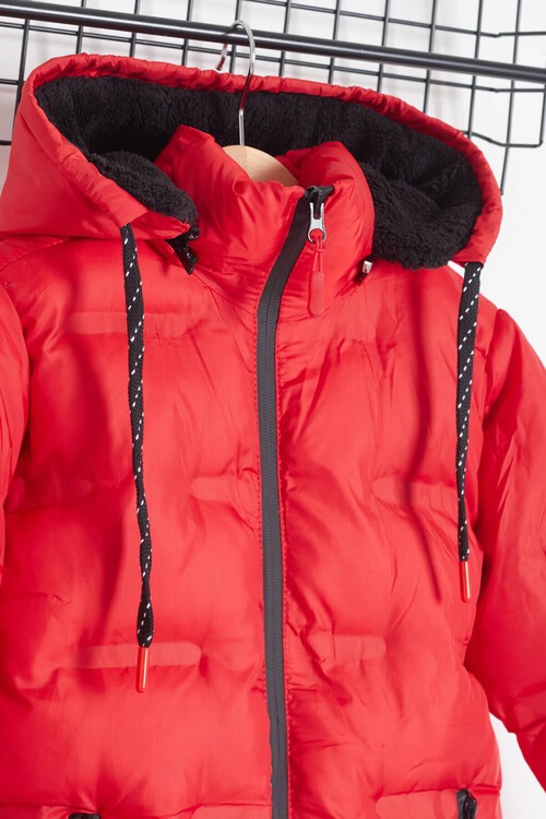 Erkek Çocuk Mont Düz Baskılı Kapşonlu Şişme Mont 14540