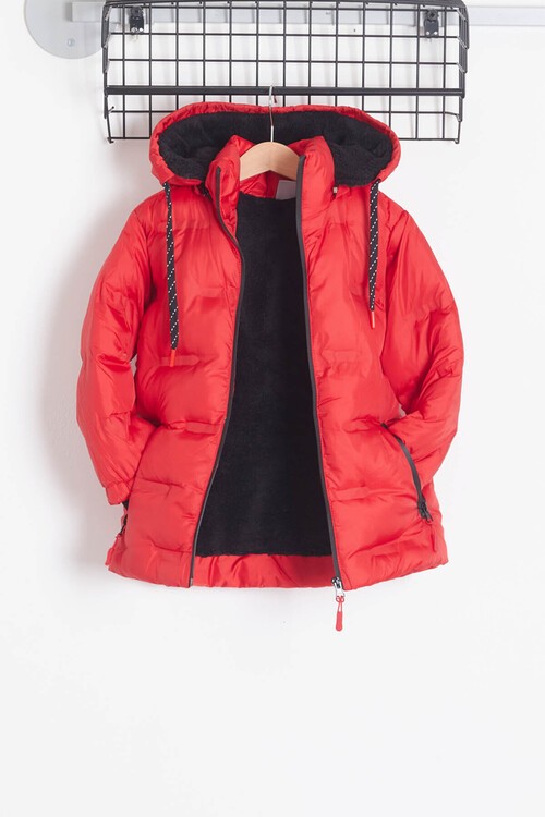 Erkek Çocuk Mont Düz Baskılı Kapşonlu Şişme Mont 14540