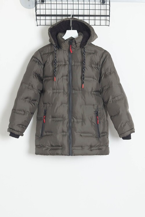 Erkek Çocuk Mont Düz Baskılı Kapşonlu Şişme Mont 14540