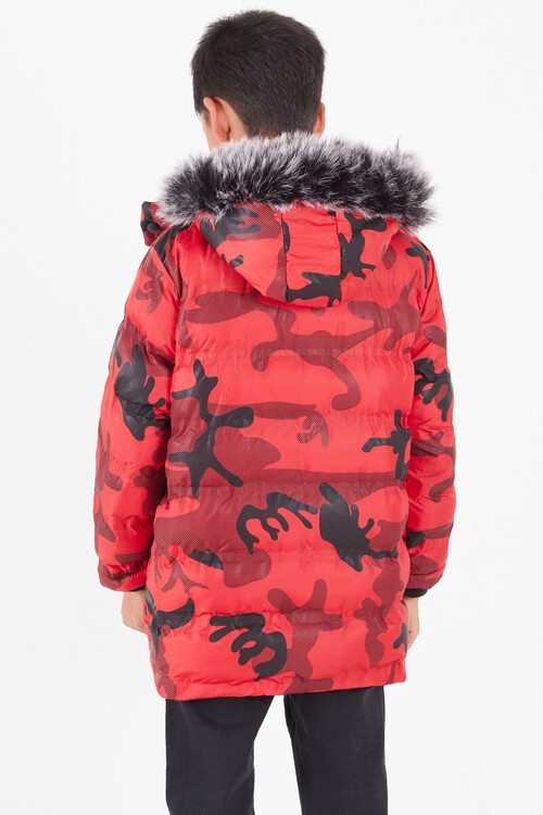 Erkek Çocuk Mont Kamuflaj Desenli Kapüşonlu Şişme Mont 14538