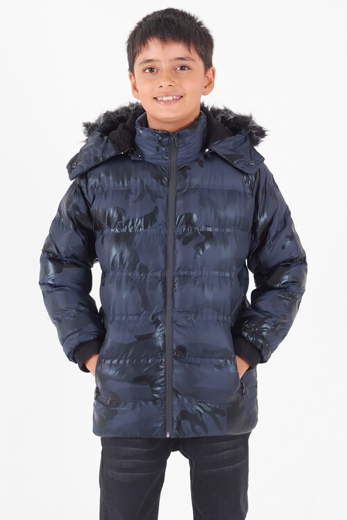 Erkek Çocuk Mont Kamuflaj Desenli Kapüşonlu Şişme Mont 14538