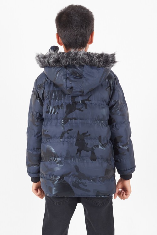 Erkek Çocuk Mont Kamuflaj Desenli Kapüşonlu Şişme Mont 14538