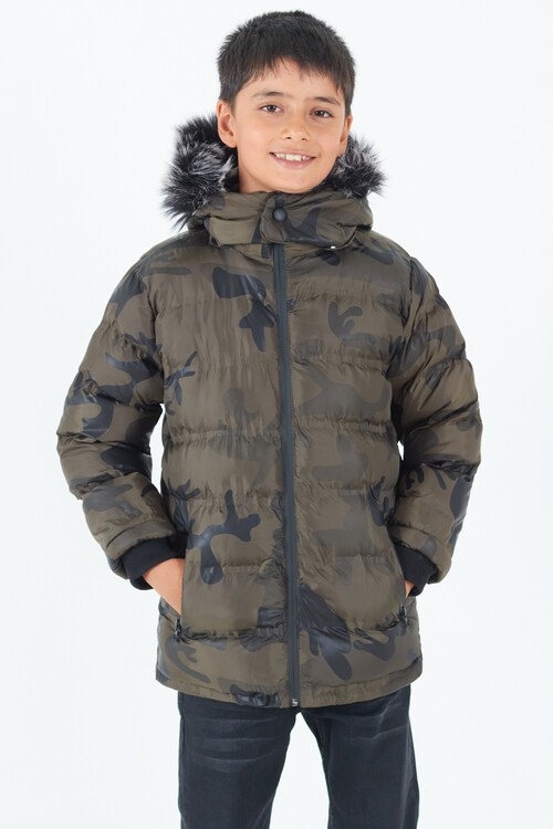 Erkek Çocuk Mont Kamuflaj Desenli Kapüşonlu Şişme Mont 14538