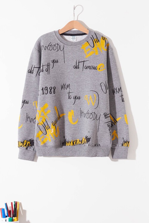 Erkek Çocuk Melanj Pano Baskılı Sweatshirt 9-14 Yaş 14035