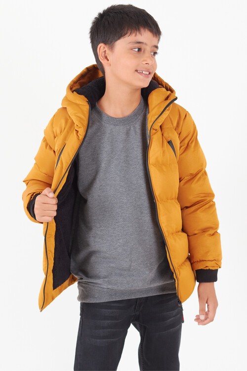 Erkek Çocuk Mont Siyah Fermuarlı Kapüşonlu Şişme Mont 14536