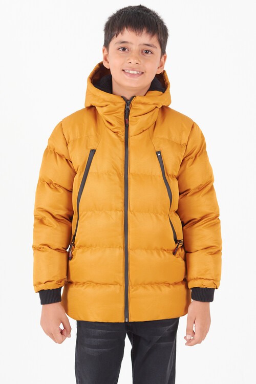 Erkek Çocuk Mont Siyah Fermuarlı Kapüşonlu Şişme Mont 14536