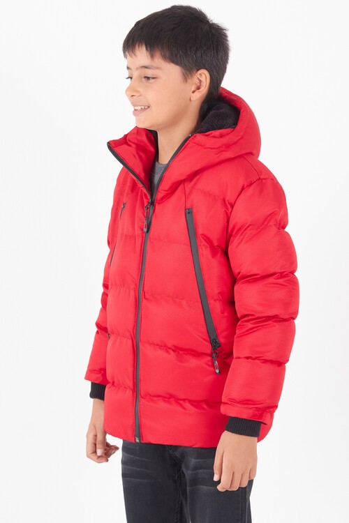 Erkek Çocuk Mont Siyah Fermuarlı Kapüşonlu Şişme Mont 14536